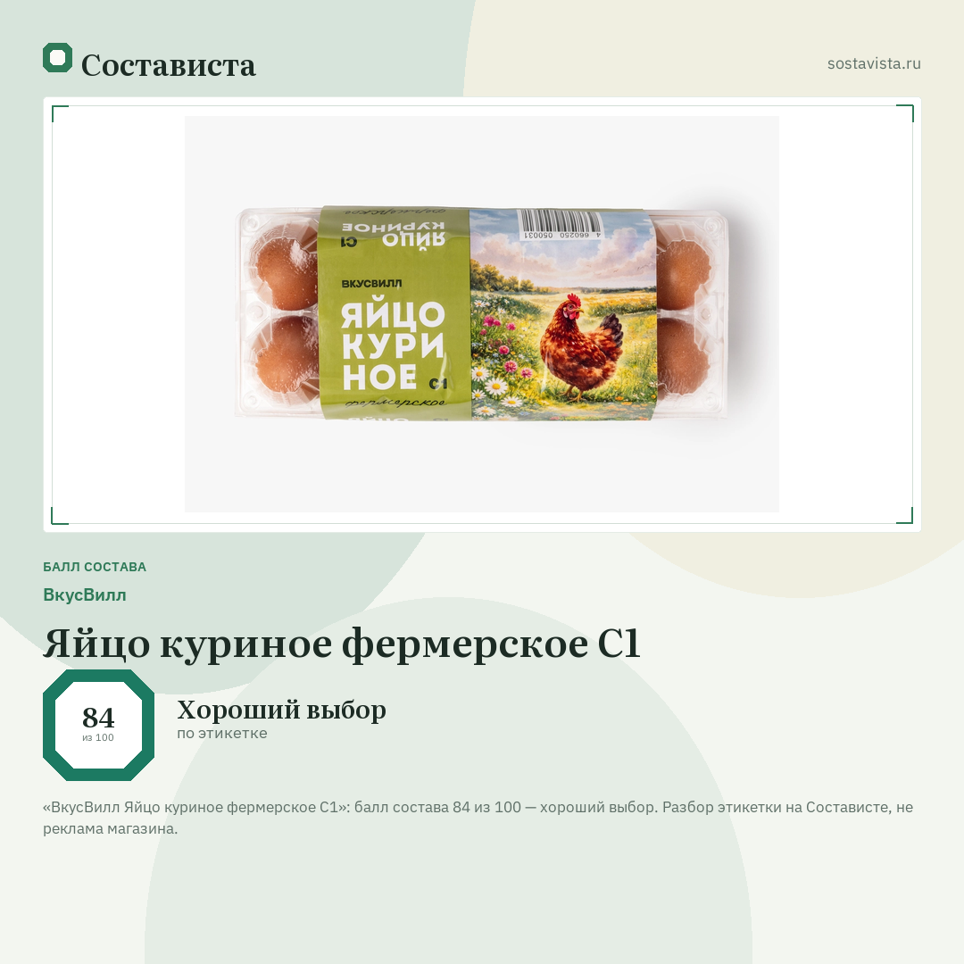 ВкусВилл Яйцо куриное фермерское С1: балл состава 84 из 100 — Состависта