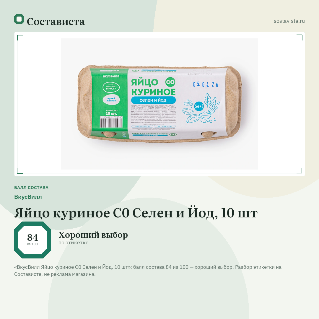 ВкусВилл Яйцо куриное С0 Селен и Йод, 10 шт: балл состава 84 из 100 — Состависта