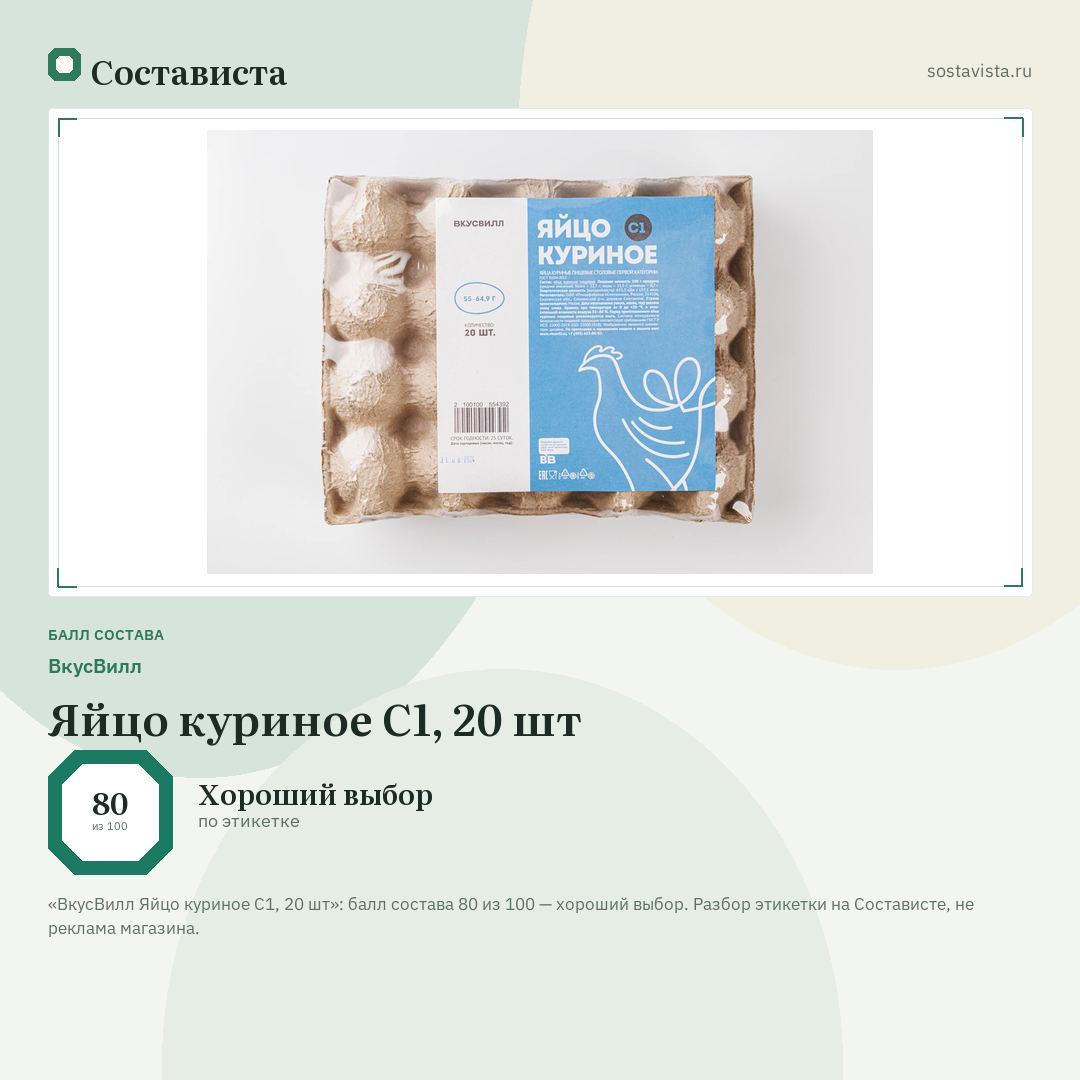 ВкусВилл Яйцо куриное С1, 20 шт: балл состава 80 из 100 — Состависта