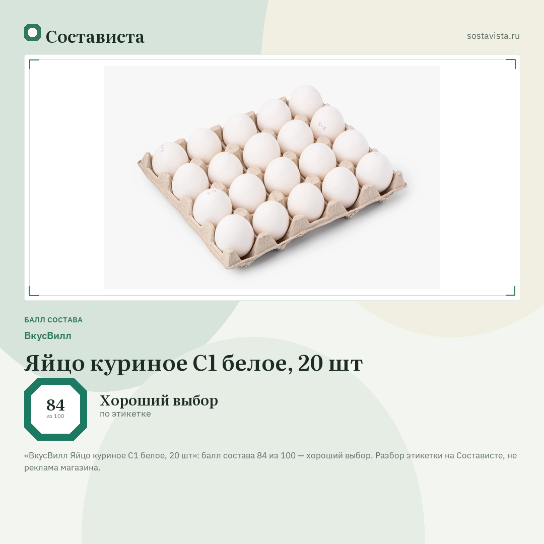 ВкусВилл Яйцо куриное С1 белое, 20 шт: балл состава 84 из 100 — Состависта
