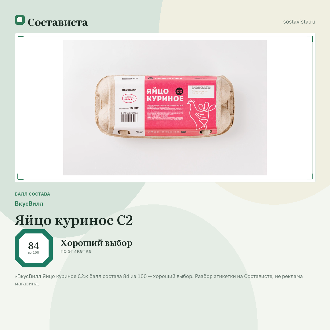 ВкусВилл Яйцо куриное С2: балл состава 84 из 100 — Состависта