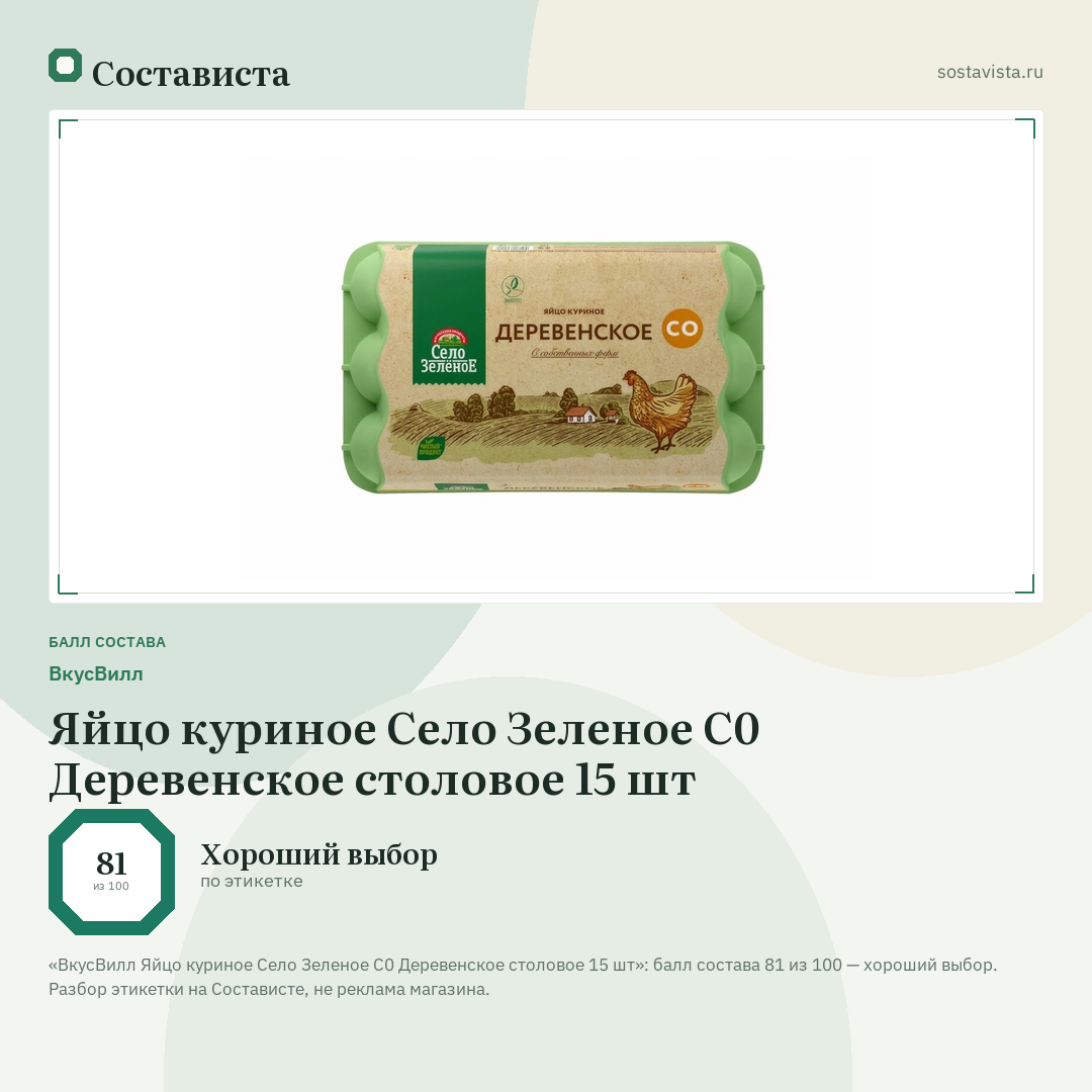 ВкусВилл Яйцо куриное Село Зеленое С0 Деревенское столовое 15 шт: балл состава 81 из 100 — Состависта