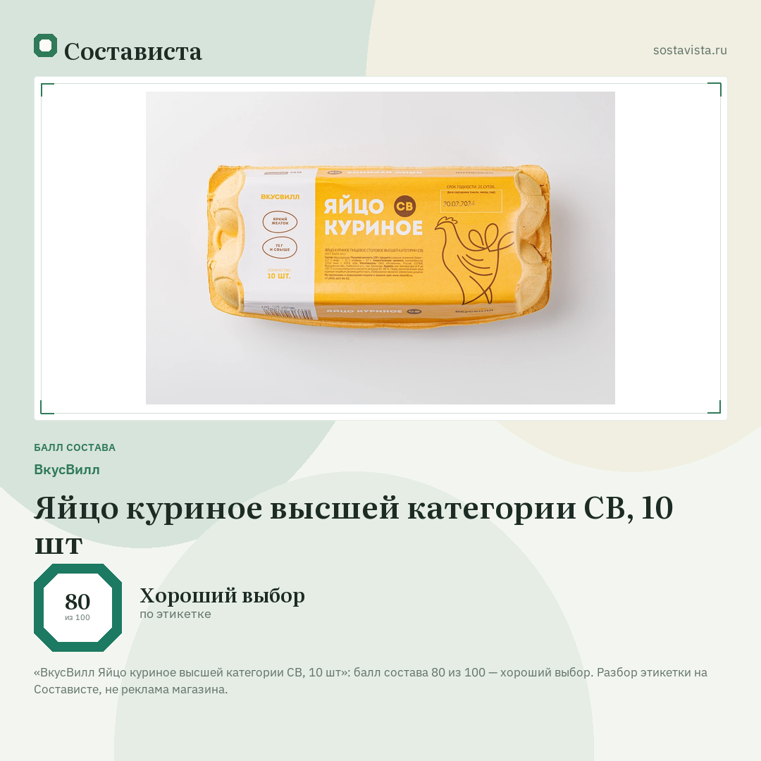 ВкусВилл Яйцо куриное высшей категории СВ, 10 шт: балл состава 80 из 100 — Состависта