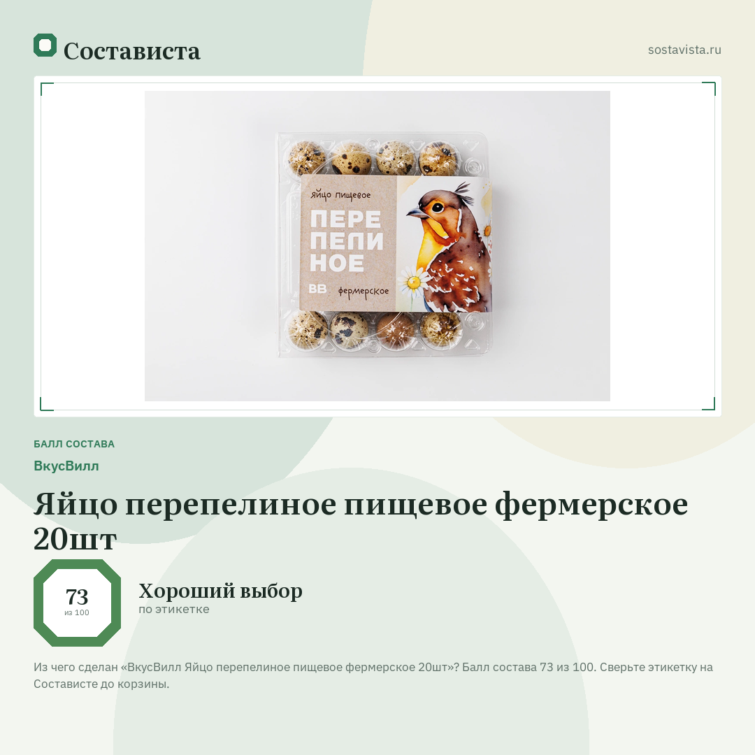 ВкусВилл Яйцо перепелиное пищевое фермерское 20шт: балл состава 73 из 100 — Состависта