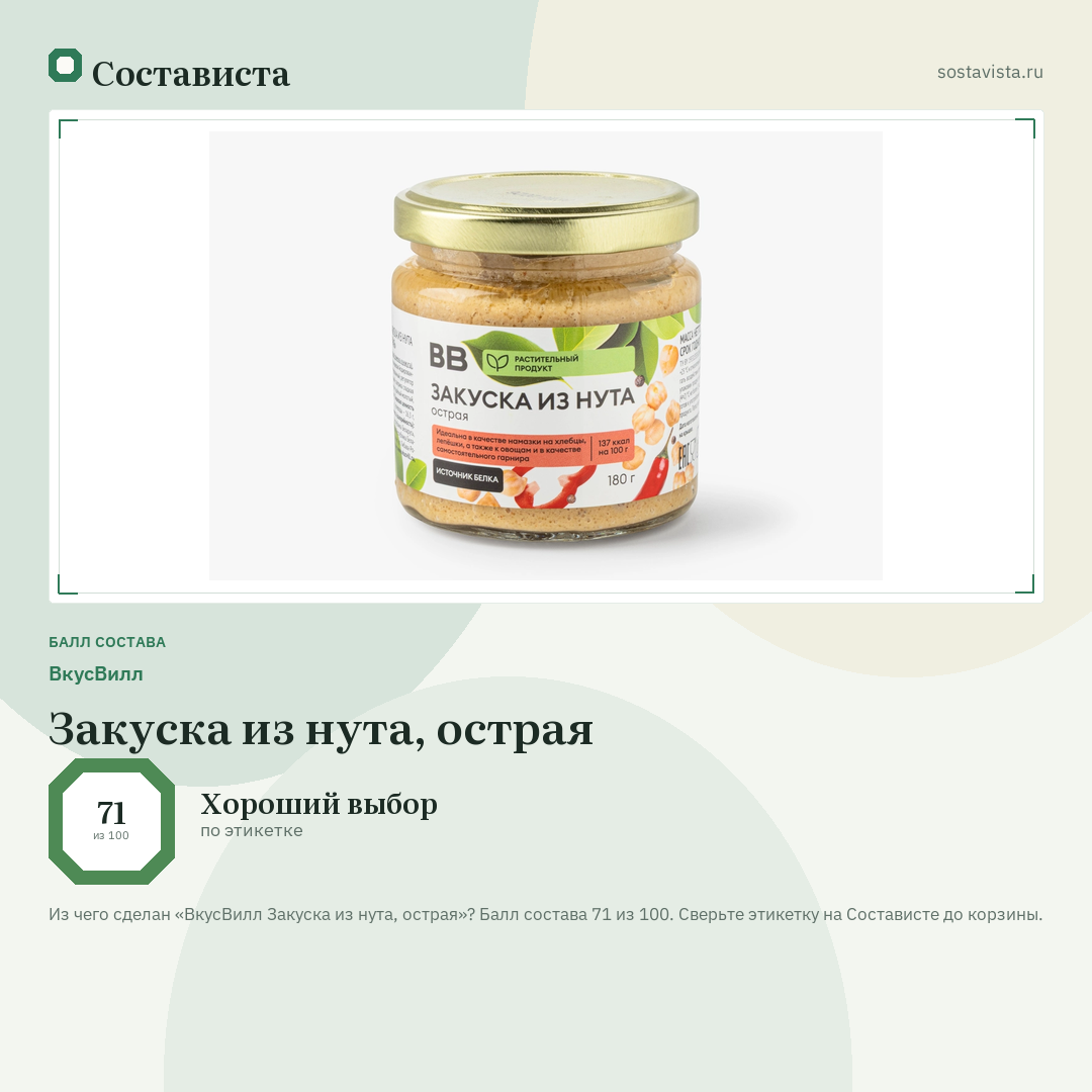 ВкусВилл Закуска из нута, острая: балл состава 71 из 100 — Состависта