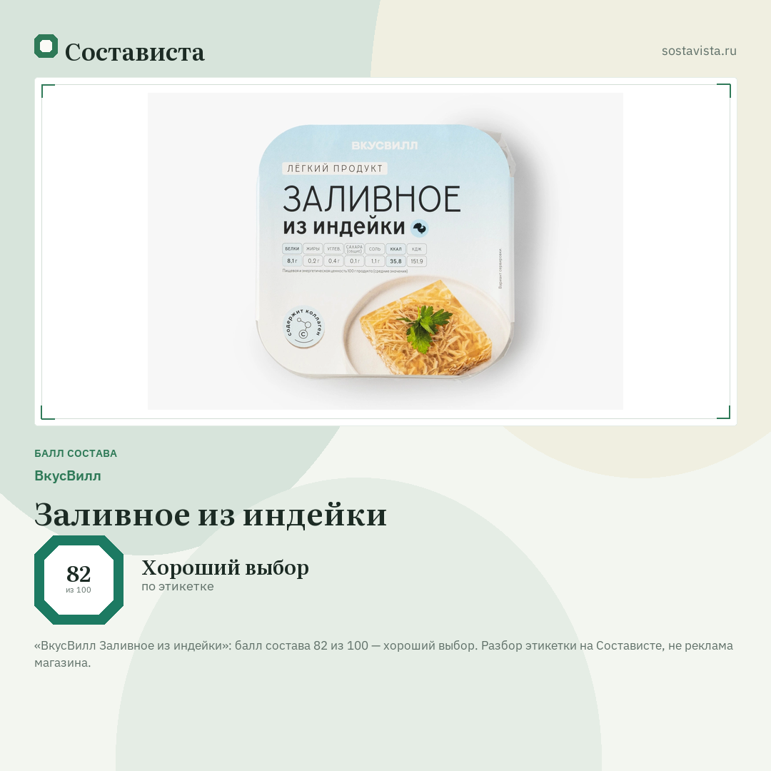 ВкусВилл Заливное из индейки: балл состава 82 из 100 — Состависта