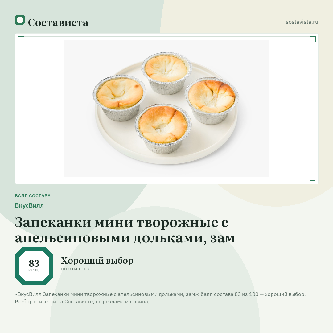 ВкусВилл Запеканки мини творожные с апельсиновыми дольками, зам: балл состава 83 из 100 — Состависта