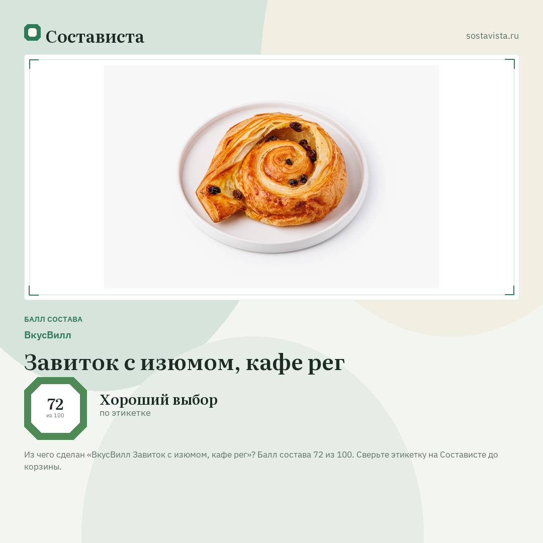 ВкусВилл Завиток с изюмом, кафе рег: балл состава 72 из 100 — Состависта