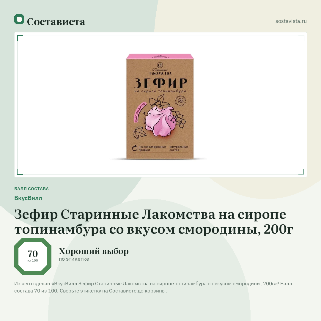 ВкусВилл Зефир Старинные Лакомства на сиропе топинамбура со вкусом смородины, 200г: балл состава 70 из 100 — Состависта