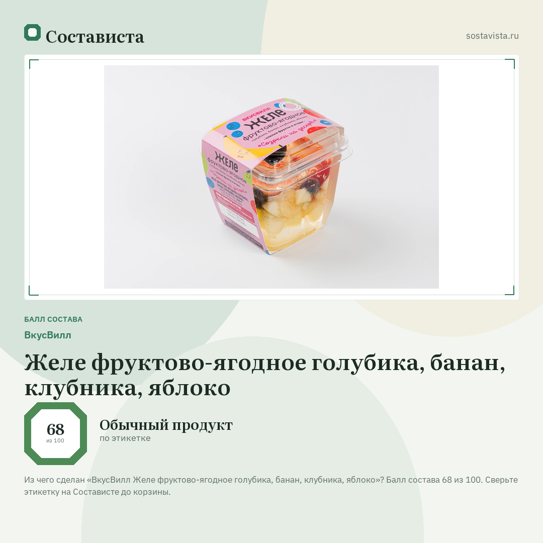 ВкусВилл Желе фруктово-ягодное голубика, банан, клубника, яблоко: балл состава 68 из 100 — Состависта