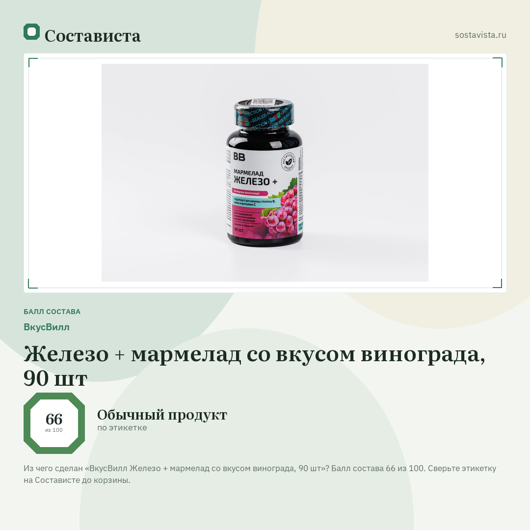 ВкусВилл Железо + мармелад со вкусом винограда, 90 шт: балл состава 66 из 100 — Состависта