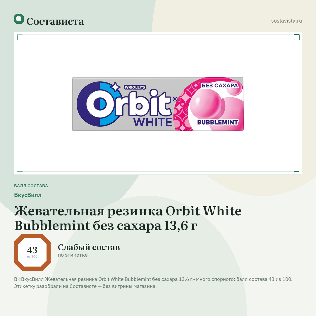 ВкусВилл Жевательная резинка Orbit White Bubblemint без сахара 13,6 г: балл состава 43 из 100 — Состависта