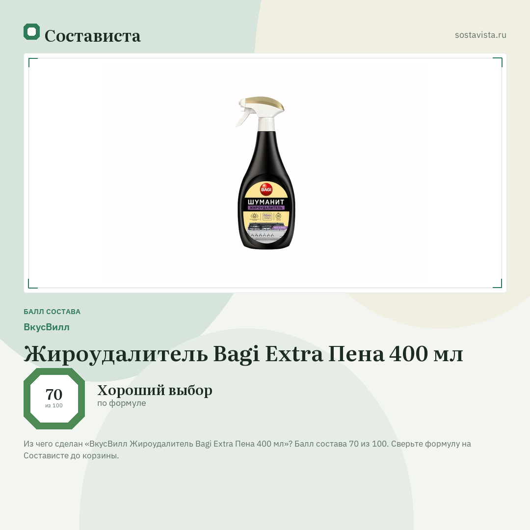 ВкусВилл Жироудалитель Bagi Extra Пена 400 мл: балл состава 70 из 100 — Состависта