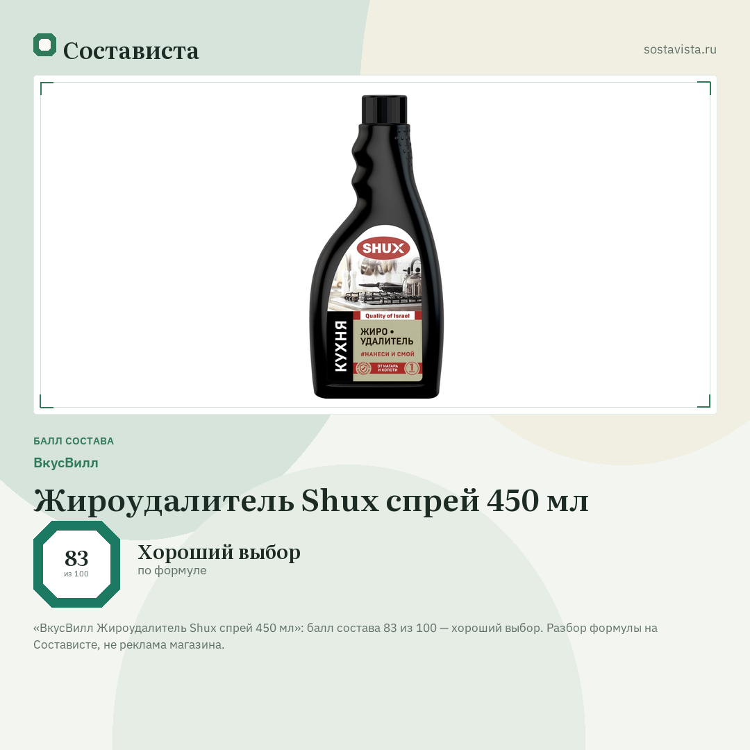 ВкусВилл Жироудалитель Shux спрей 450 мл: балл состава 83 из 100 — Состависта