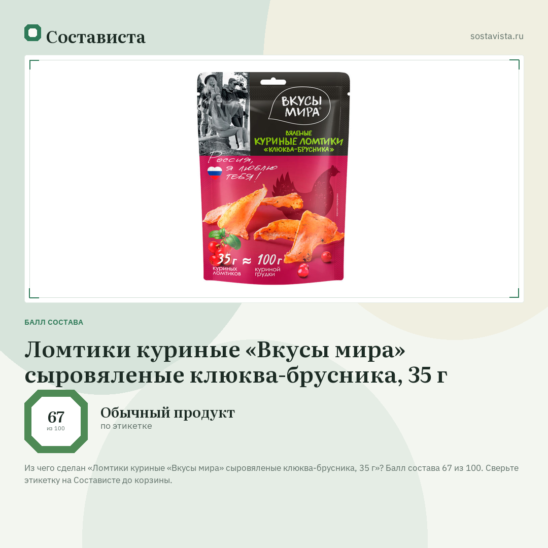 Ломтики куриные «Вкусы мира» сыровяленые клюква-брусника, 35 г: балл состава 67 из 100 — Состависта