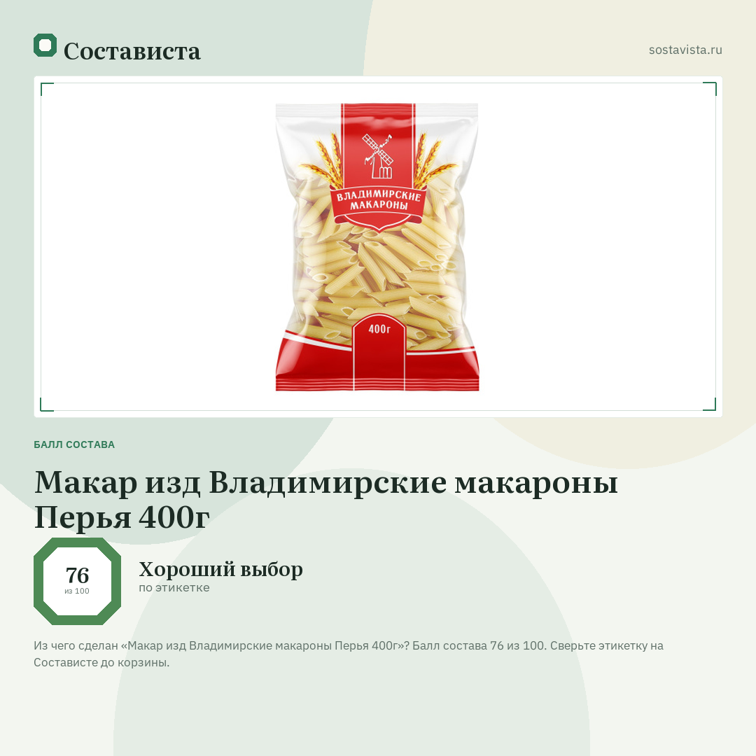 Макар изд Владимирские макароны Перья 400г: балл состава 76 из 100 — Состависта