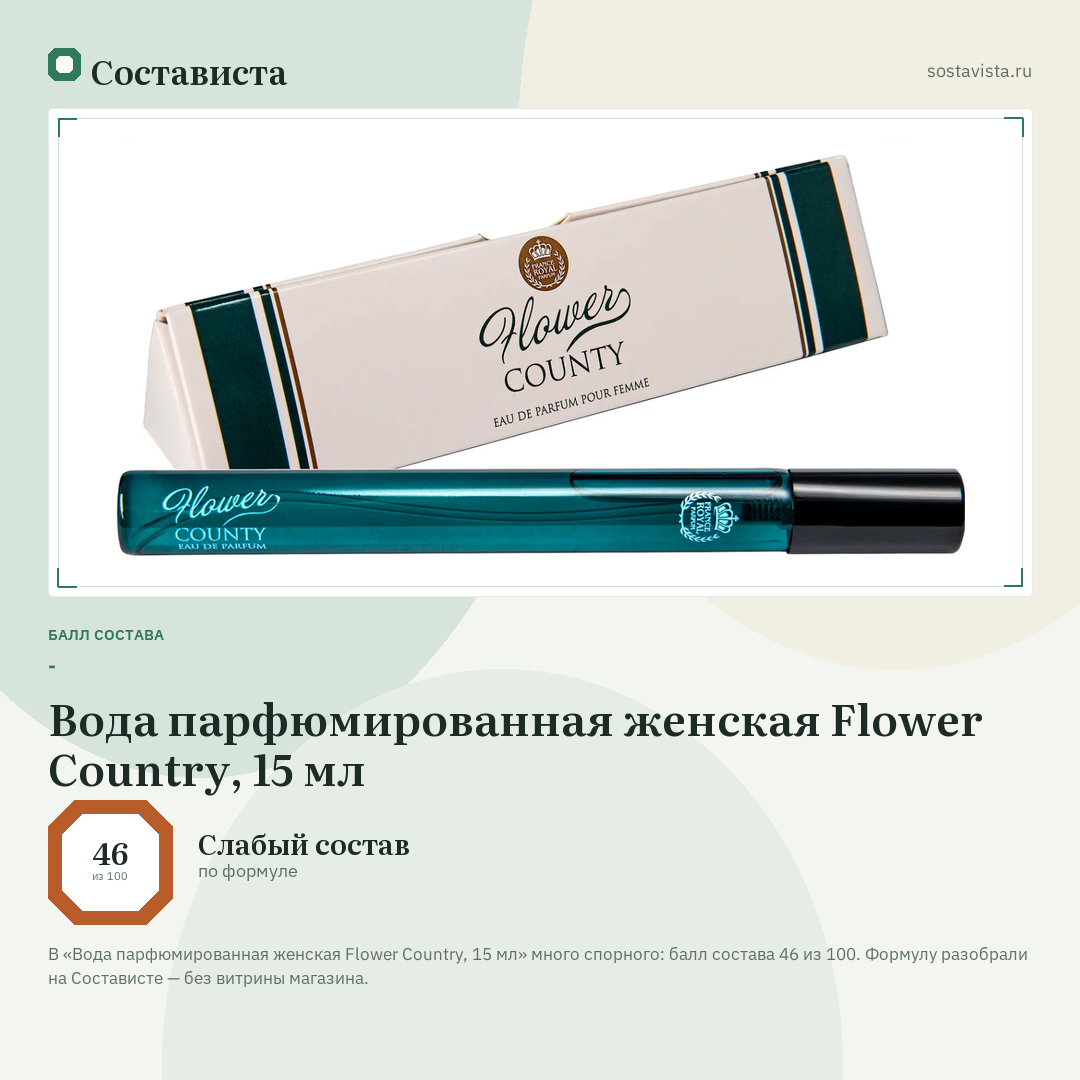 Вода парфюмированная женская Flower Country, 15 мл: балл состава 46 из 100 — Состависта