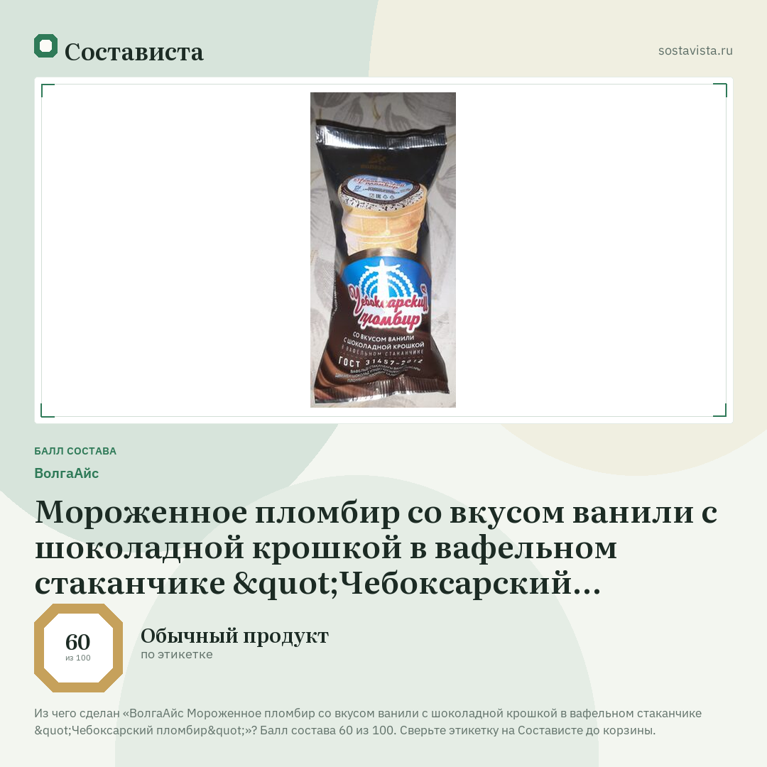 ВолгаАйс Мороженное пломбир со вкусом ванили с шоколадной крошкой в вафельном стаканчике "Чебоксарский пломбир": балл состава 60 из 100 — Состависта