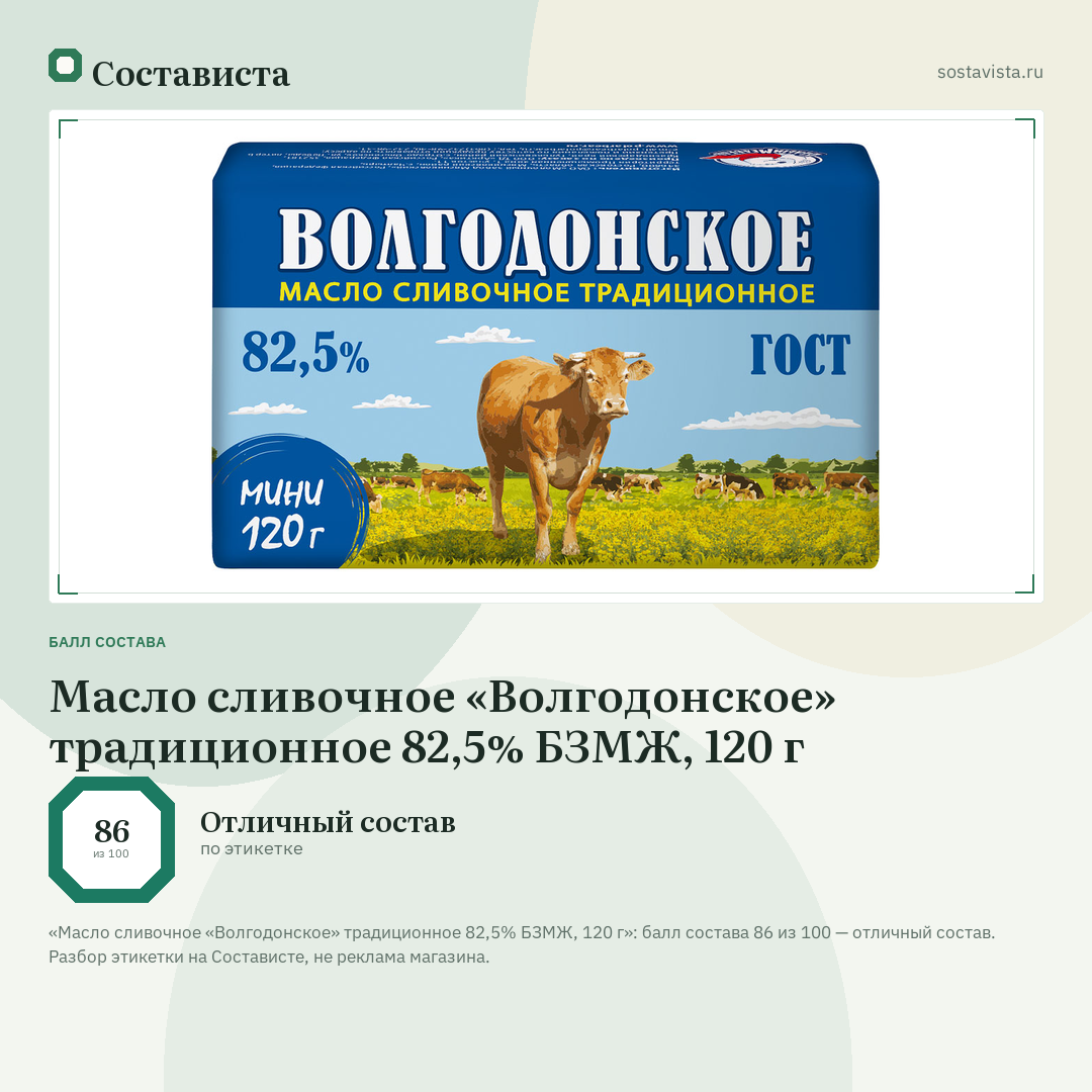 Масло сливочное «Волгодонское» традиционное 82,5% БЗМЖ, 120 г: балл состава 86 из 100 — Состависта