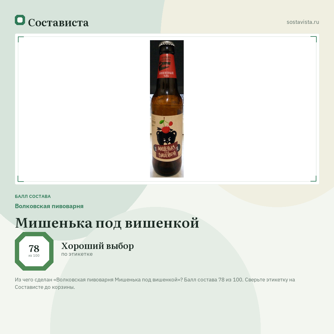 Волковская пивоварня Мишенька под вишенкой: балл состава 78 из 100 — Состависта