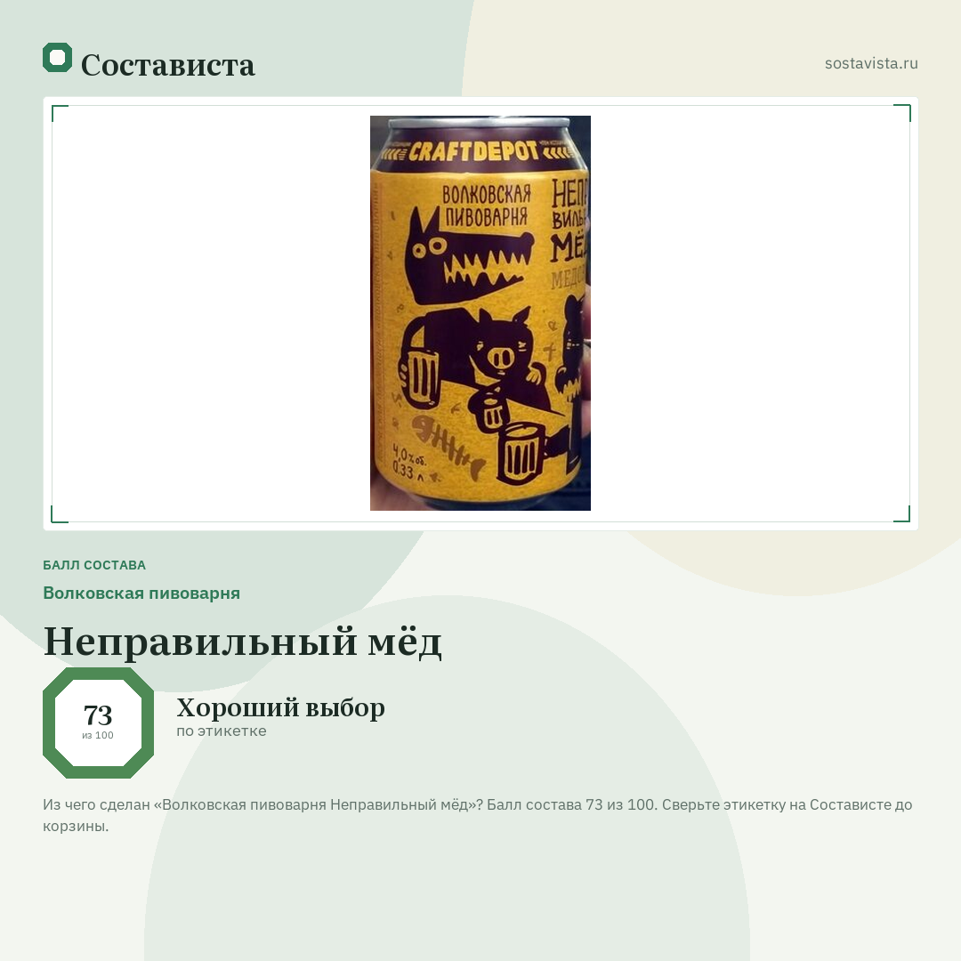 Волковская пивоварня Неправильный мёд: балл состава 73 из 100 — Состависта