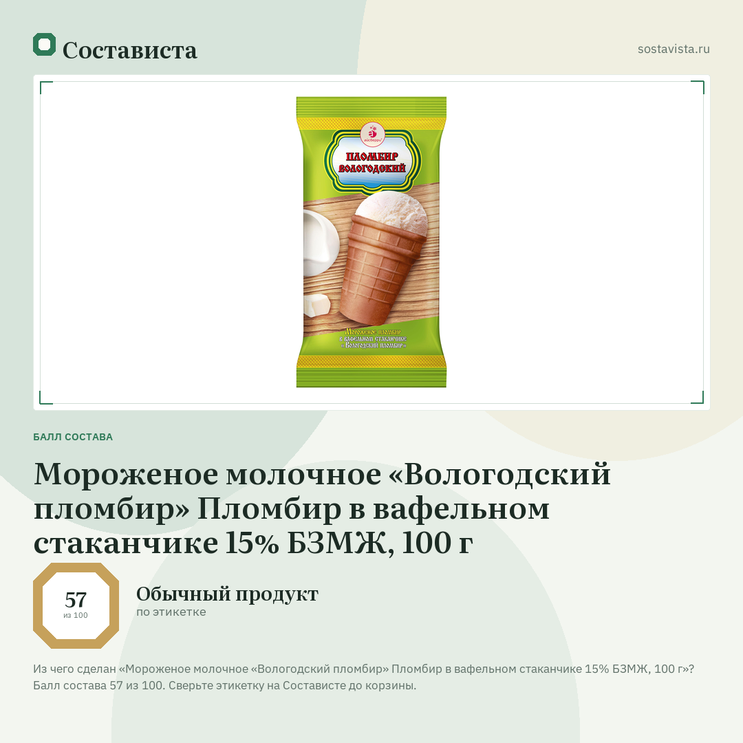 Мороженое молочное «Вологодский пломбир» Пломбир в вафельном стаканчике 15% БЗМЖ, 100 г: балл состава 57 из 100 — Состависта
