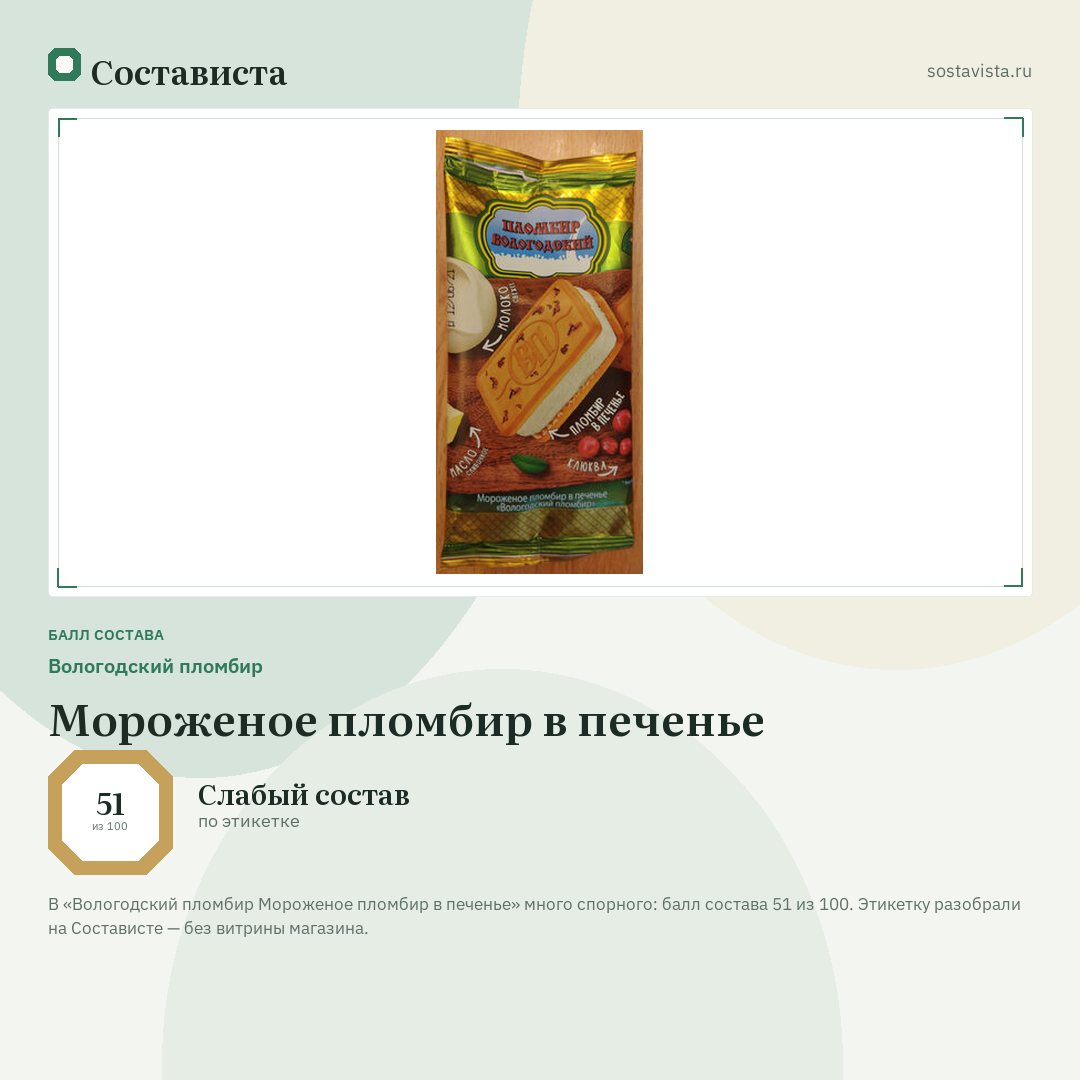 Вологодский пломбир Мороженое пломбир в печенье: балл состава 51 из 100 — Состависта