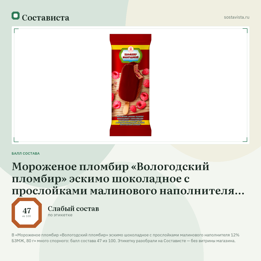 Мороженое пломбир «Вологодский пломбир» эскимо шоколадное с прослойками малинового наполнителя 12% БЗМЖ, 80 г: балл состава 47 из 100 — Состависта