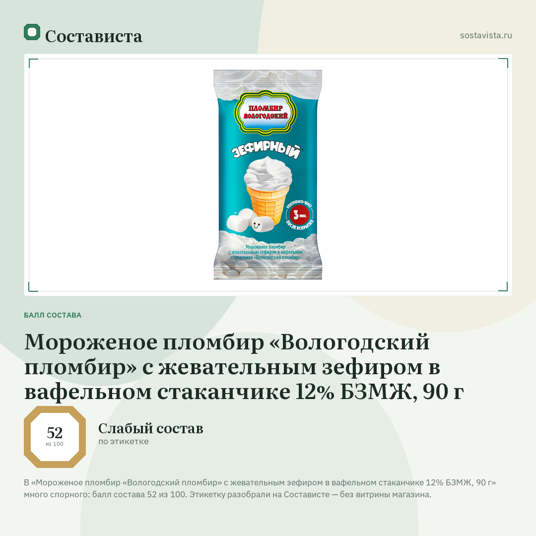 Мороженое пломбир «Вологодский пломбир» с жевательным зефиром в вафельном стаканчике 12% БЗМЖ, 90 г: балл состава 52 из 100 — Состависта