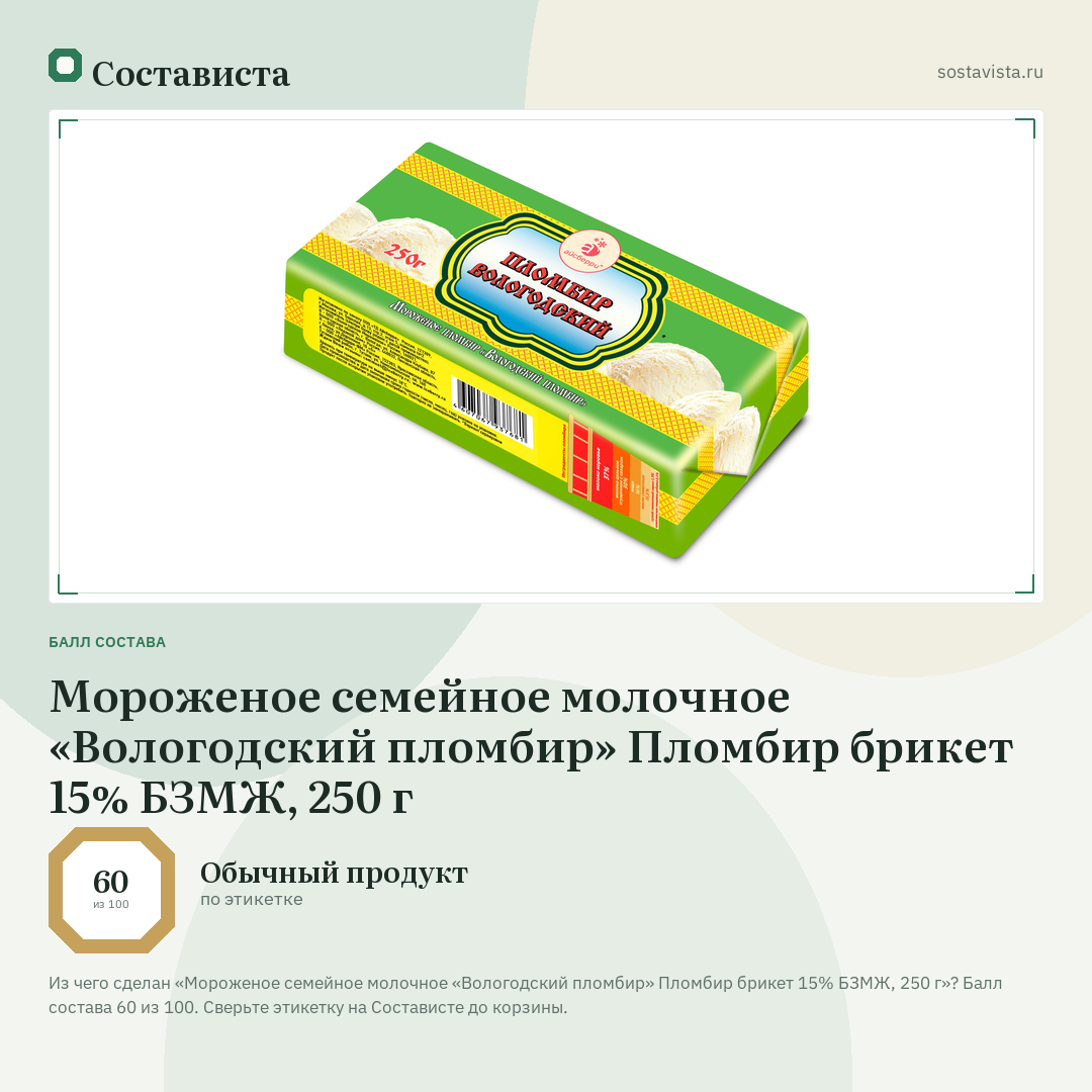 Мороженое семейное молочное «Вологодский пломбир» Пломбир брикет 15% БЗМЖ, 250 г: балл состава 60 из 100 — Состависта