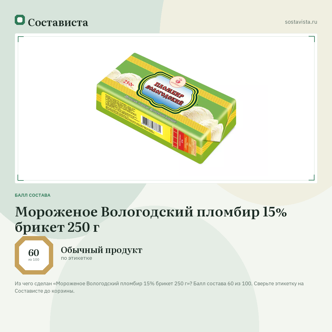 Мороженое Вологодский пломбир 15% брикет 250 г: балл состава 60 из 100 — Состависта