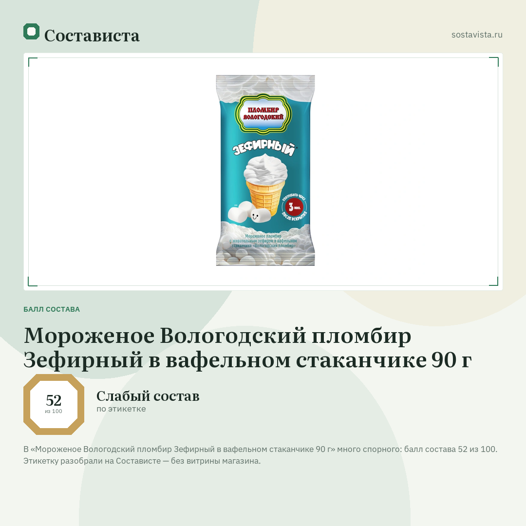 Мороженое Вологодский пломбир Зефирный в вафельном стаканчике 90 г: балл состава 52 из 100 — Состависта