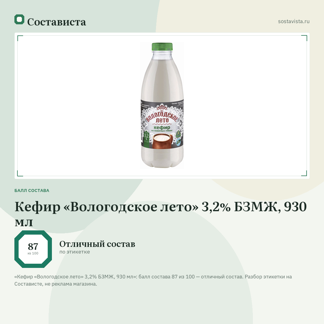 Кефир «Вологодское лето» 3,2% БЗМЖ, 930 мл: балл состава 87 из 100 — Состависта