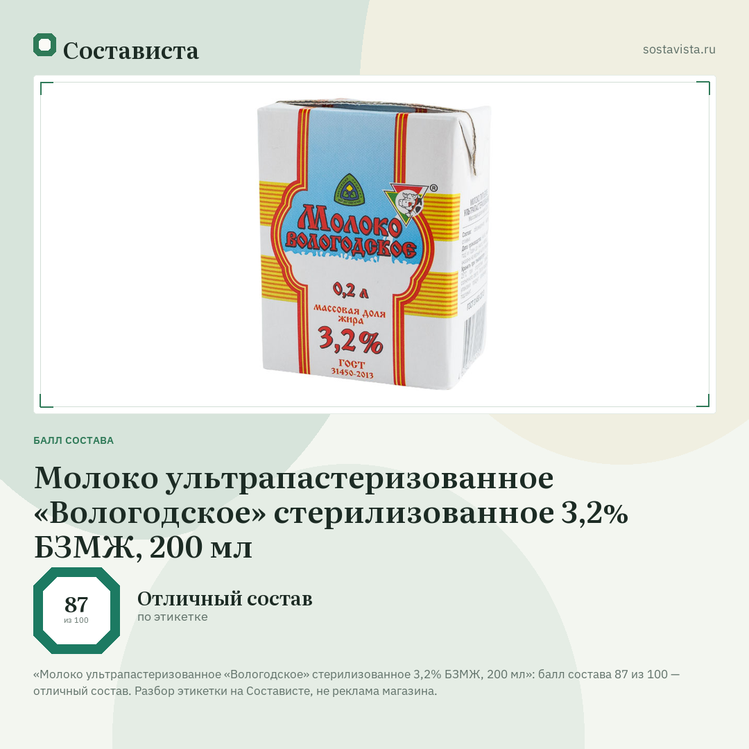 Молоко ультрапастеризованное «Вологодское» стерилизованное 3,2% БЗМЖ, 200 мл: балл состава 87 из 100 — Состависта