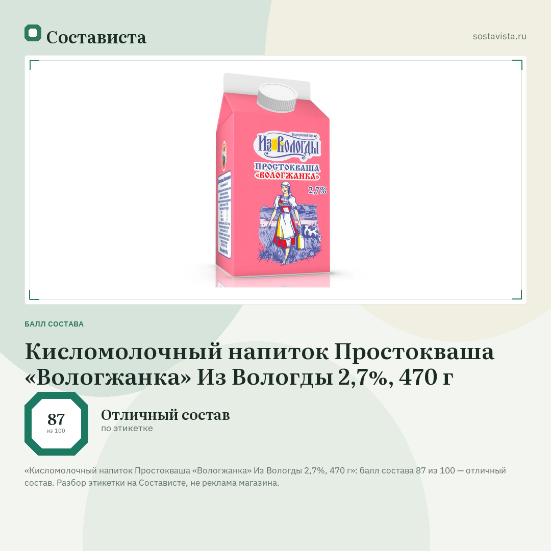 Кисломолочный напиток Простокваша «Вологжанка» Из Вологды 2,7%, 470 г: балл состава 87 из 100 — Состависта