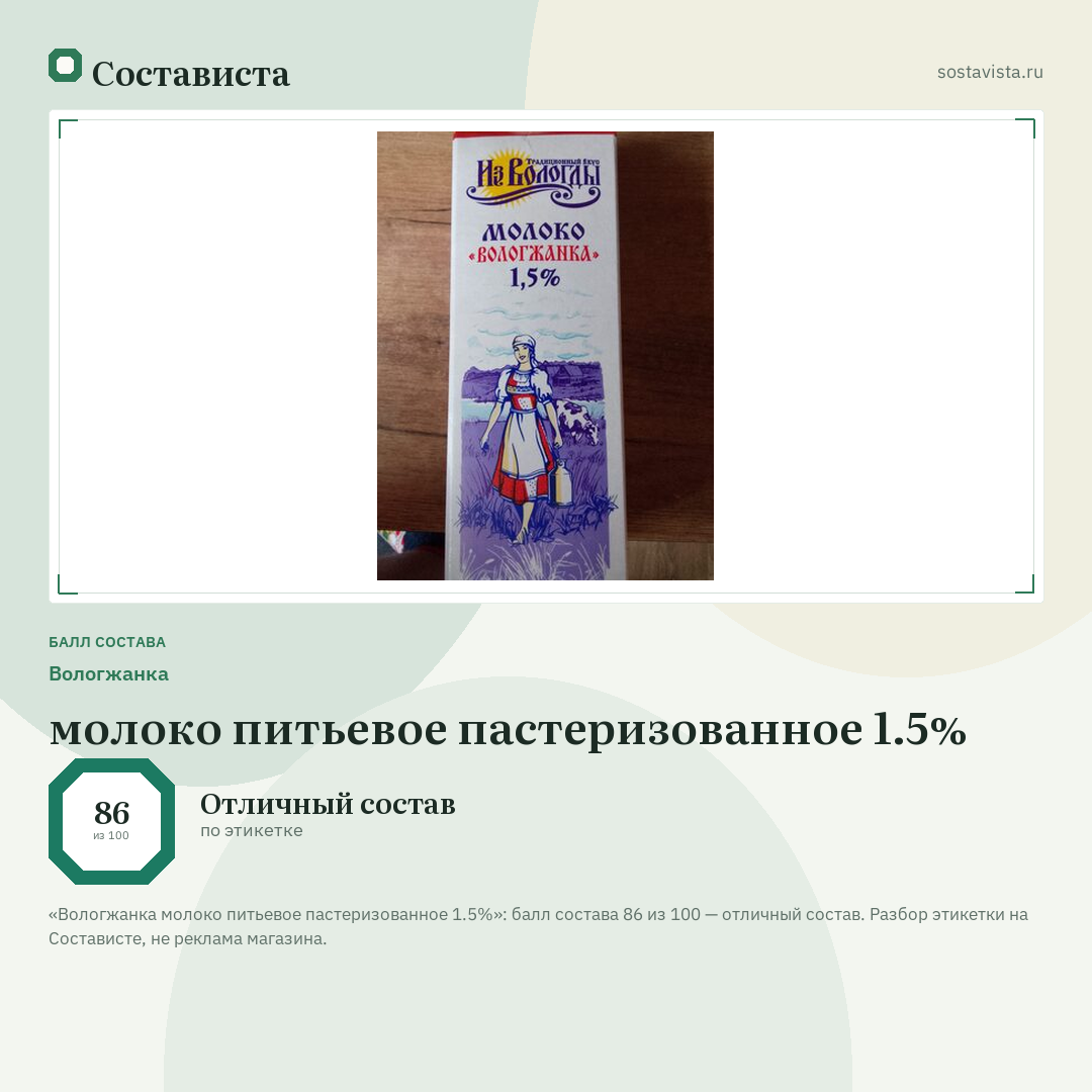 Вологжанка молоко питьевое пастеризованное 1.5%: балл состава 86 из 100 — Состависта