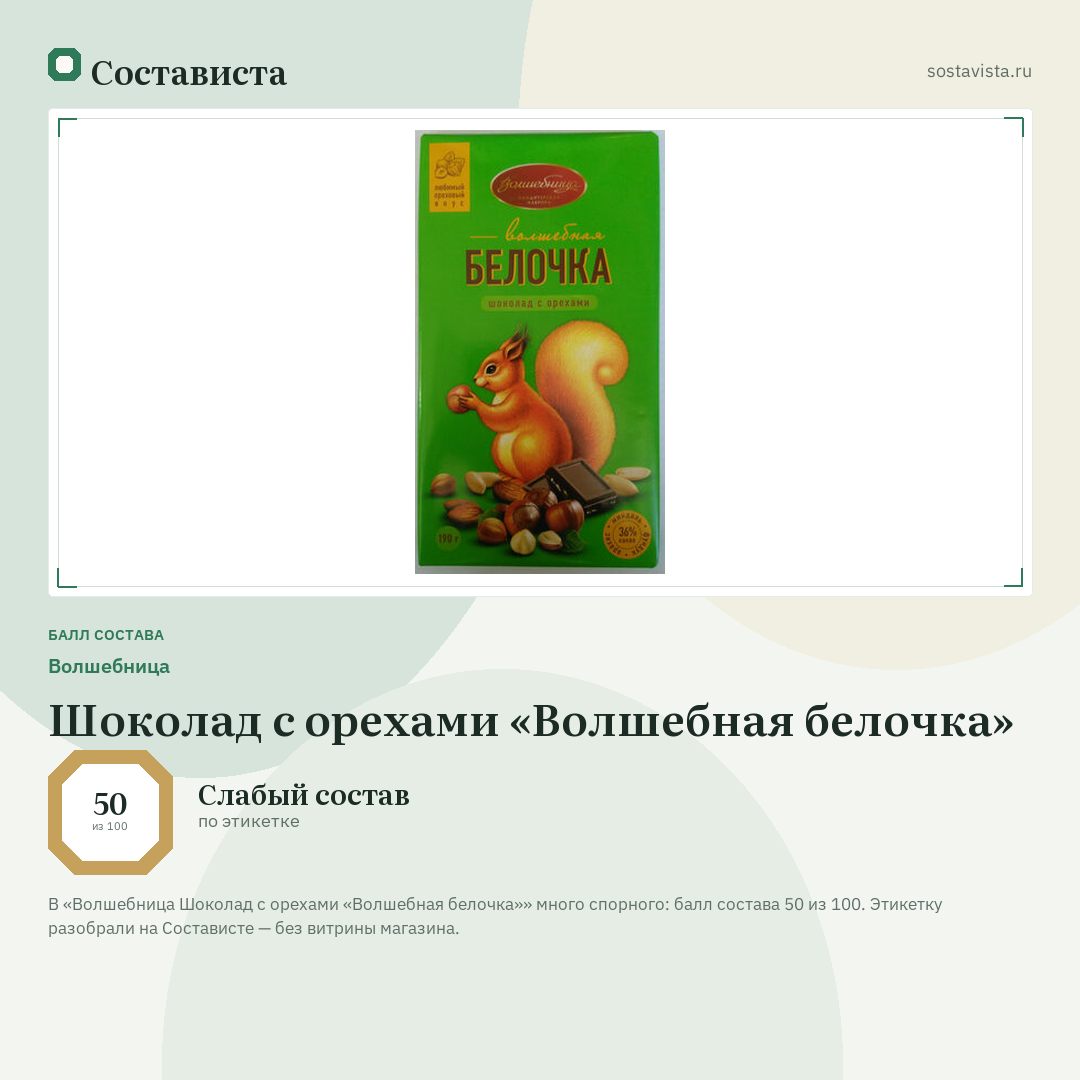 Волшебница Шоколад с орехами «Волшебная белочка»: балл состава 50 из 100 — Состависта
