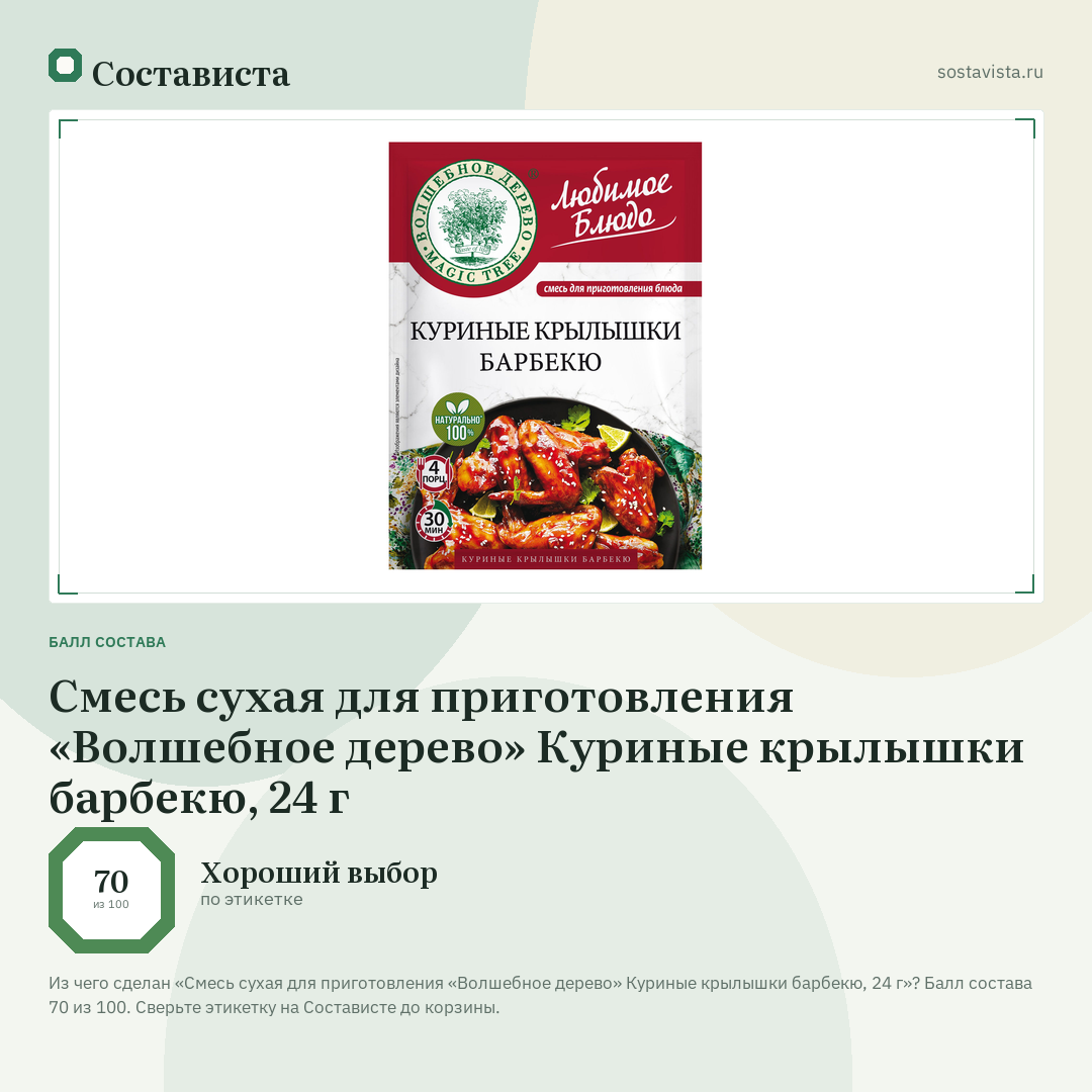 Смесь сухая для приготовления «Волшебное дерево» Куриные крылышки барбекю, 24 г: балл состава 70 из 100 — Состависта