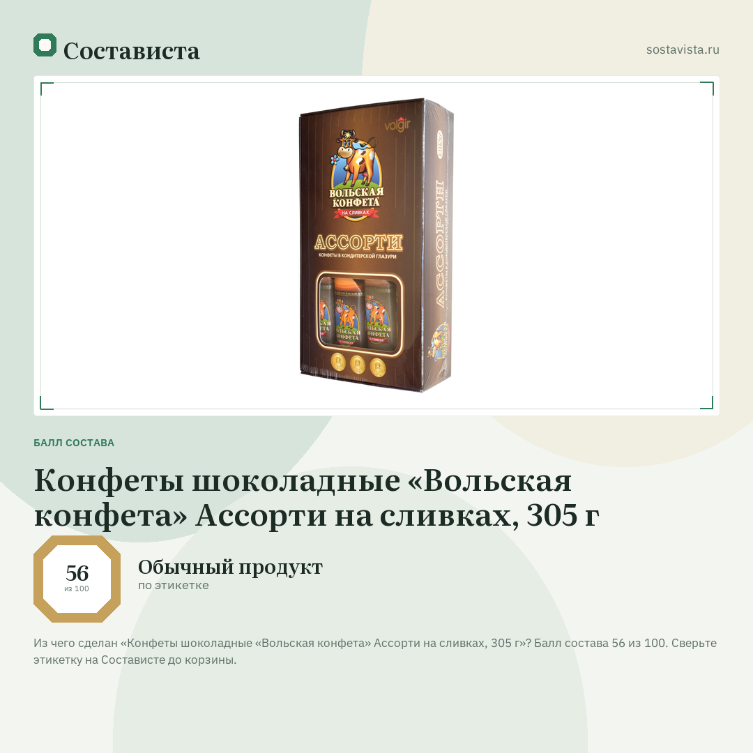 Конфеты шоколадные «Вольская конфета» Ассорти на сливках, 305 г: балл состава 56 из 100 — Состависта