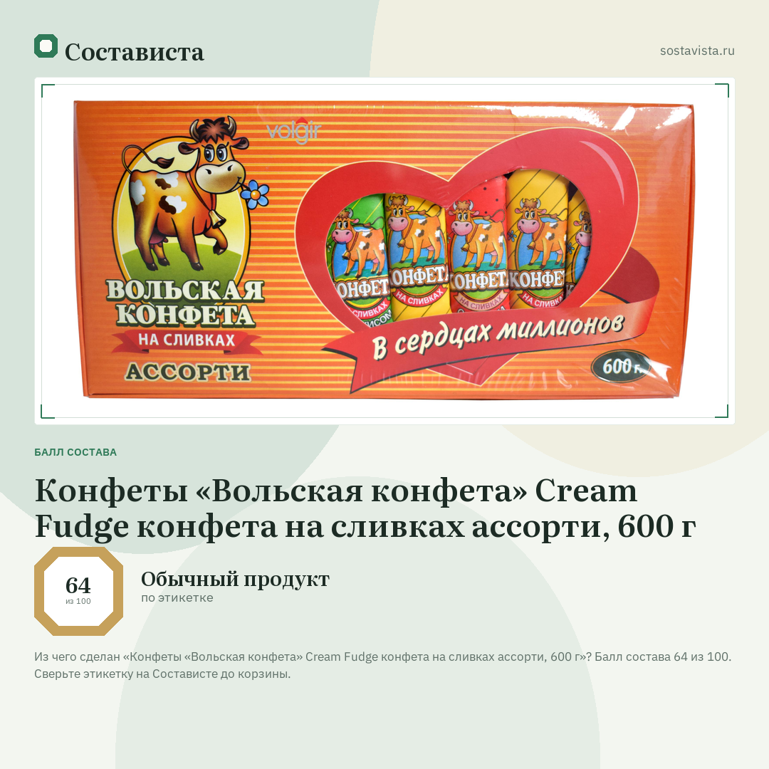 Конфеты «Вольская конфета» Cream Fudge конфета на сливках ассорти, 600 г: балл состава 64 из 100 — Состависта