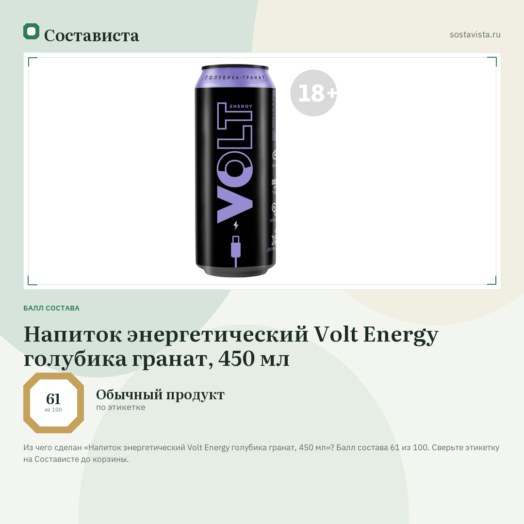 Напиток энергетический Volt Energy голубика гранат, 450 мл: балл состава 61 из 100 — Состависта
