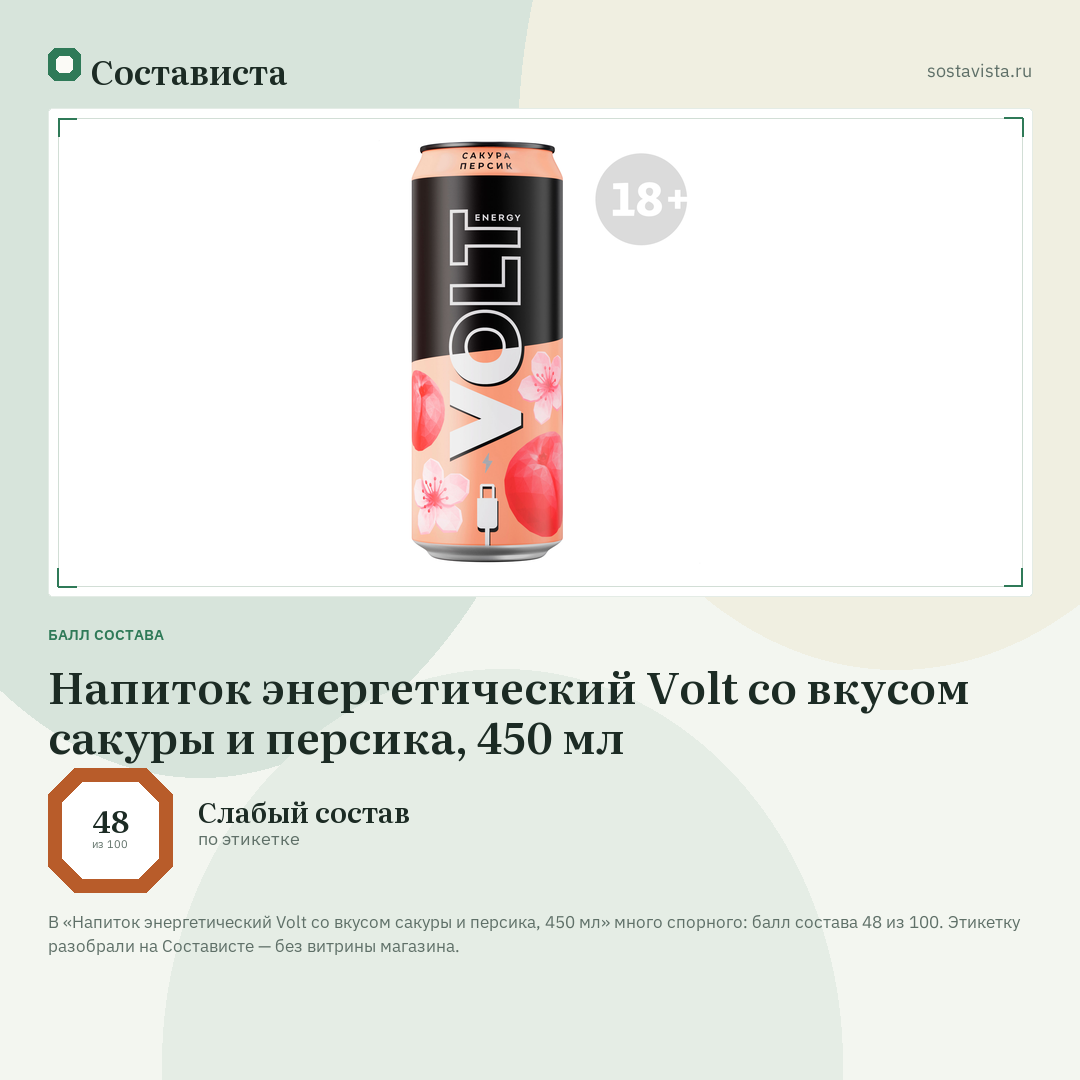 Напиток энергетический Volt со вкусом сакуры и персика, 450 мл: балл состава 48 из 100 — Состависта