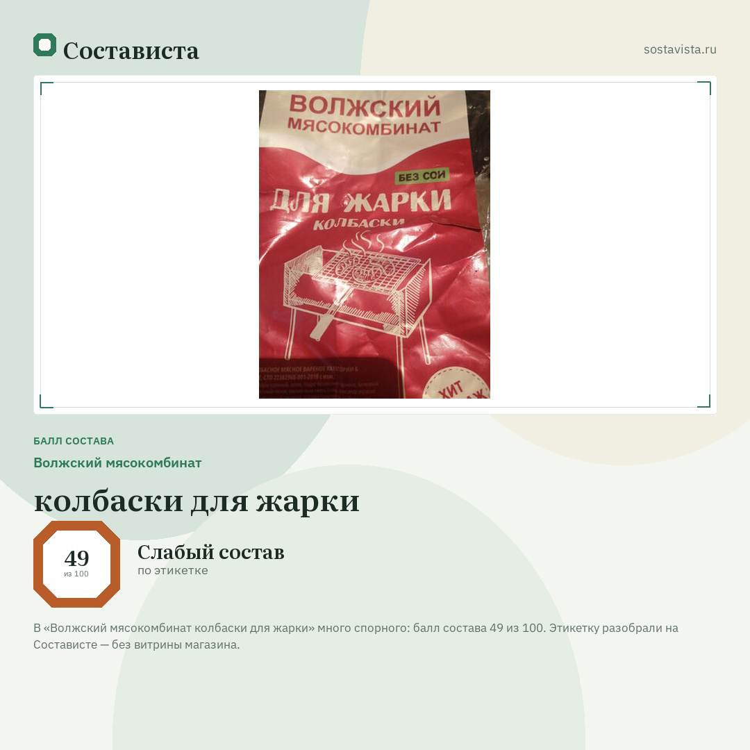 Волжский мясокомбинат колбаски для жарки: балл состава 49 из 100 — Состависта