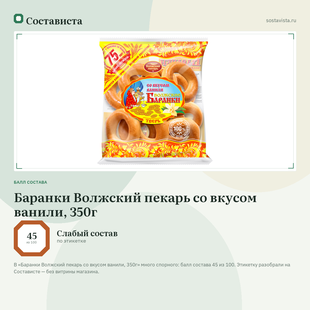 Баранки Волжский пекарь со вкусом ванили, 350г: балл состава 45 из 100 — Состависта