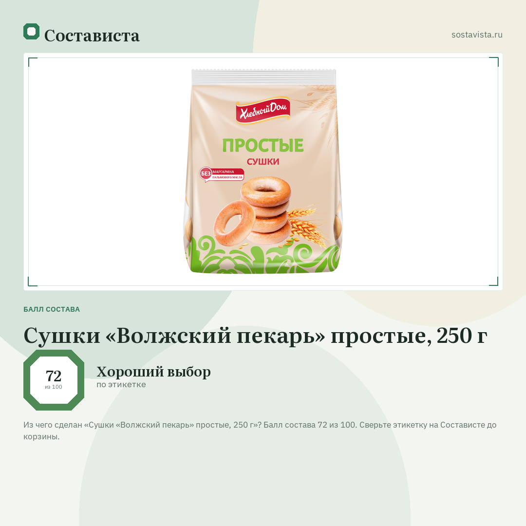 Сушки «Волжский пекарь» простые, 250 г: балл состава 72 из 100 — Состависта