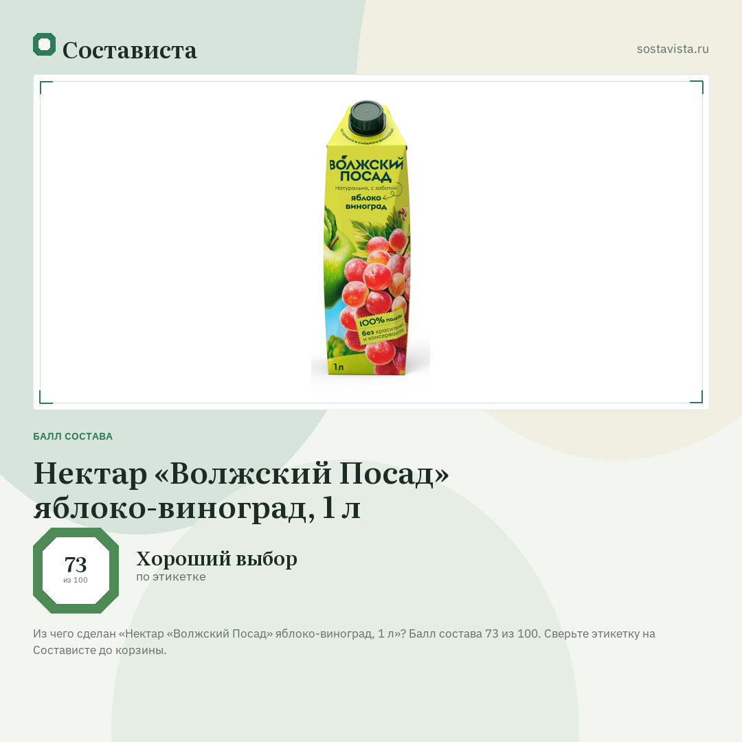 Нектар «Волжский Посад» яблоко-виноград, 1 л: балл состава 73 из 100 — Состависта