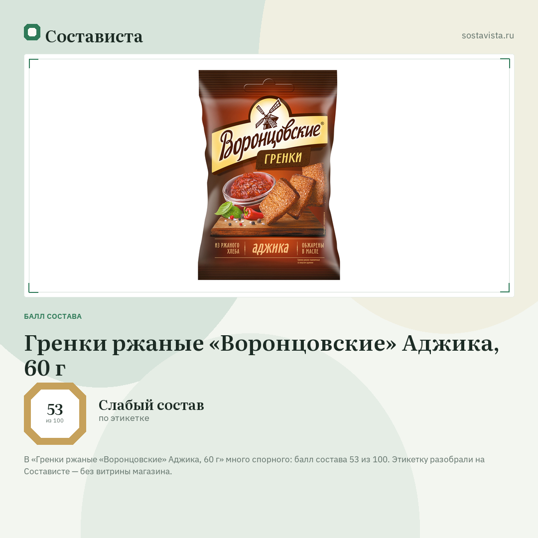 Гренки ржаные «Воронцовские» Аджика, 60 г: балл состава 53 из 100 — Состависта