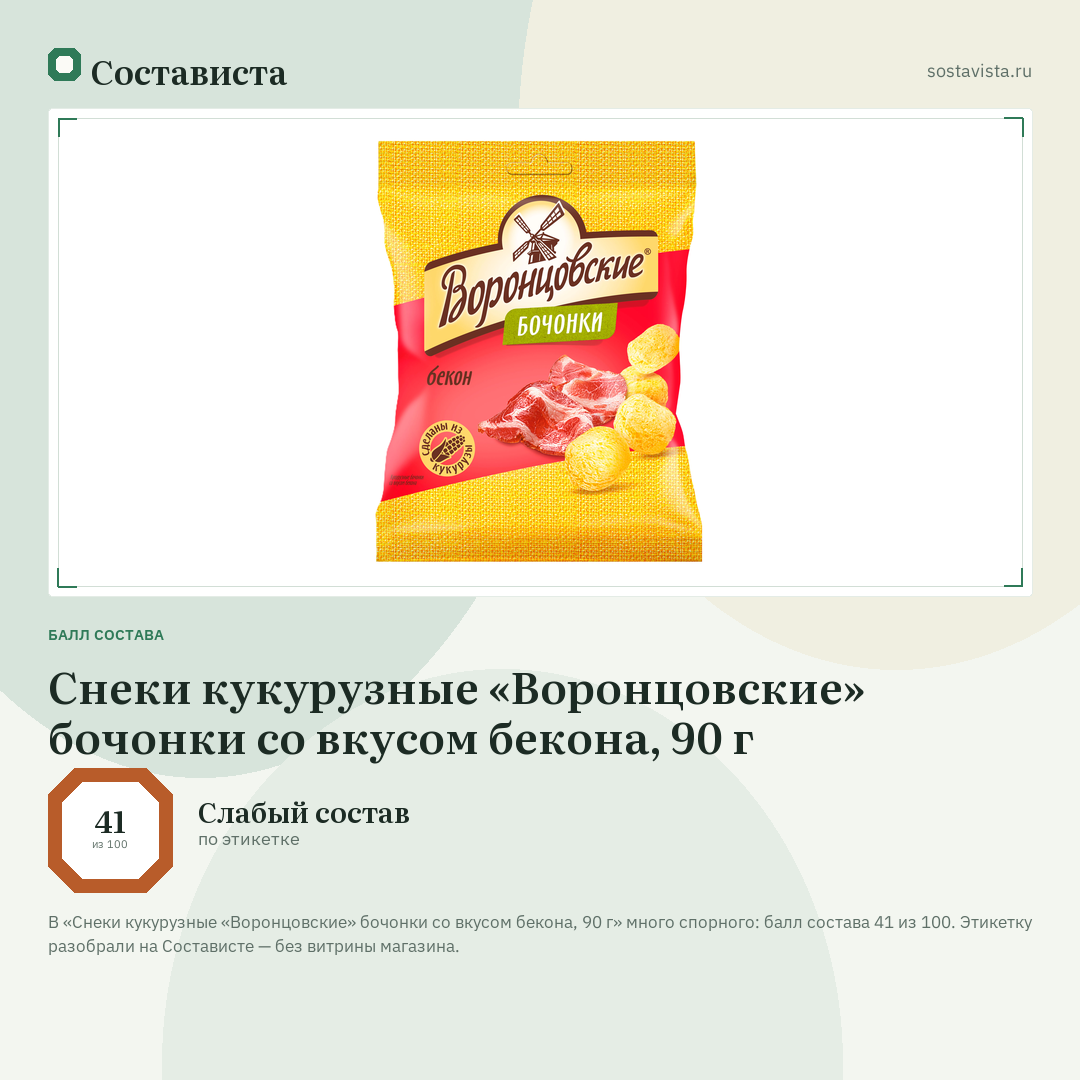 Снеки кукурузные «Воронцовские» бочонки со вкусом бекона, 90 г: балл состава 41 из 100 — Состависта