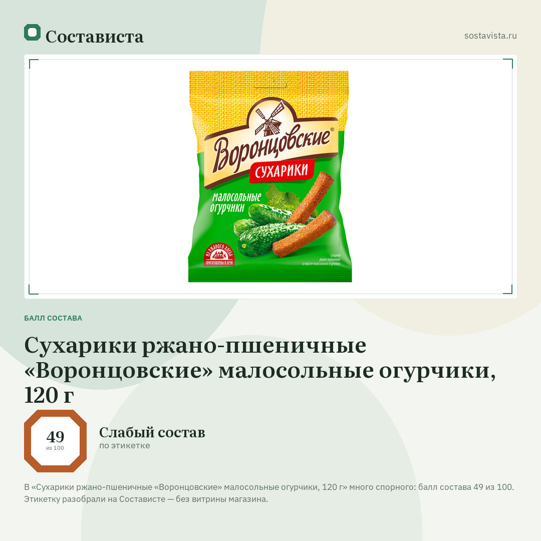 Сухарики ржано-пшеничные «Воронцовские» малосольные огурчики, 120 г: балл состава 49 из 100 — Состависта