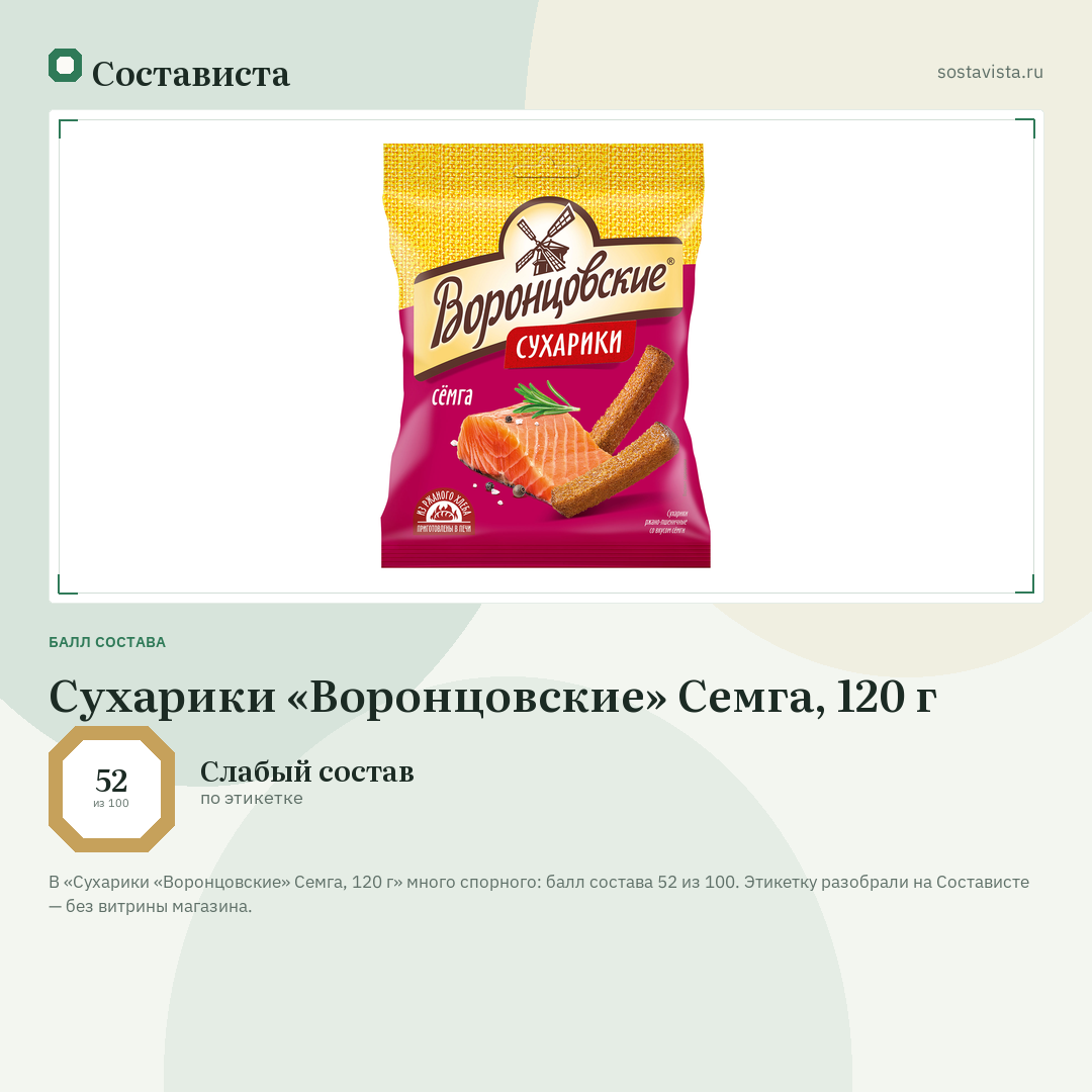 Сухарики «Воронцовские» Семга, 120 г: балл состава 52 из 100 — Состависта